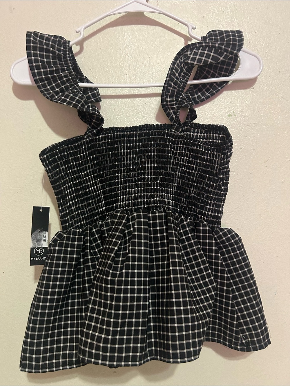 Smocked Black Check Ruffle Strap Blouse